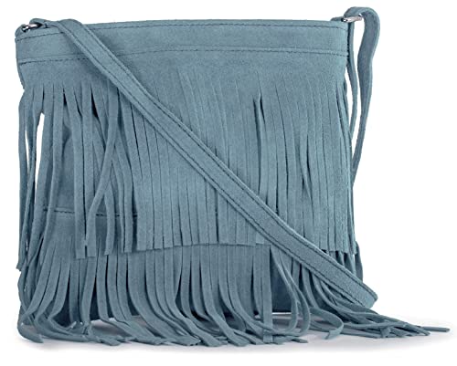 LiaTalia Womens Fringe Handbag - Real Italian Suede Leather - Tassle Effect Shoulder Bag in Medium Size - Ashley [Baby Blue]