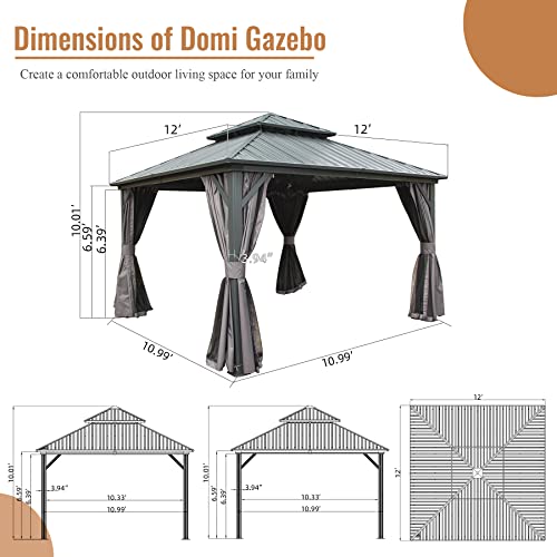 Domi 12x12 Hardtop Gazebo with Double Roof, Aluminum Frame, Curtains & Netting image 16