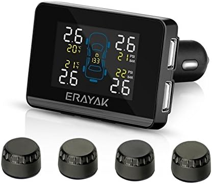 ERAYAK Tire Pressure Monitoring System Wireless TPMS with 4 Waterproof External Sensors and Dual 5V USB Ports, Built-in Visual and Audio Alarm System