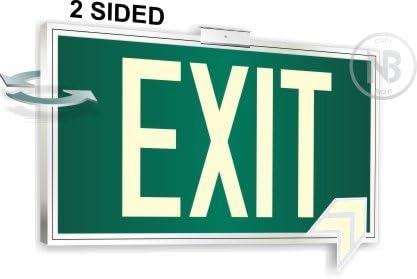 Photoluminescent Exit Sign Green Framed Flag/Ceiling Mount Double Sided. UL 924 Code Approved.