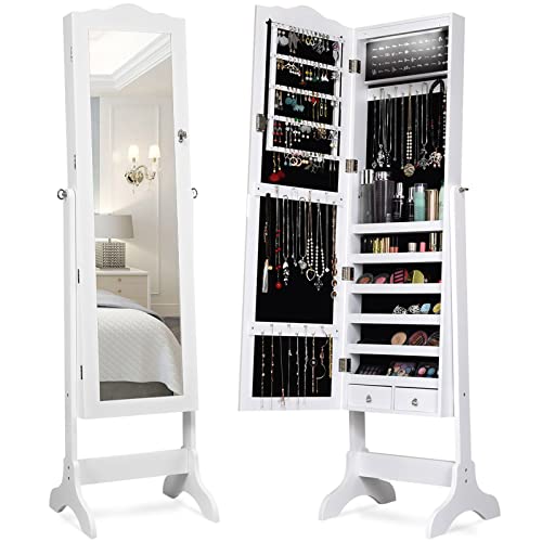 Giantex Jewelry Armoire Organizer with Full Length Mirror, 14 LEDs Floor Standing Jewelry Cabinet with 2 Drawers, 4 Adjustable Angles, Lockable Jewelry Storage Box Cabinet (White)