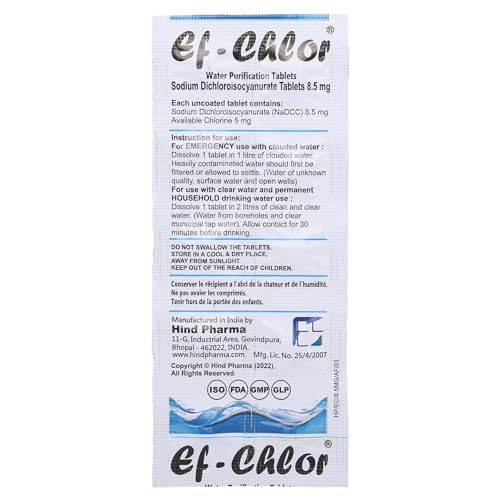 Ef-Chlor 8.5 mg Water Purification Tablets (100 Tablets) – Compact, Fast-Acting, and Reliable Solution for Safe Drinking Water in Emergencies, Travel, Hiking, Camping, and Outdoor Adventures