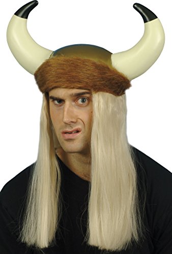 Smiffy's Men's Viking Helmet with Horns Long Blonde Hair and Fur Trim