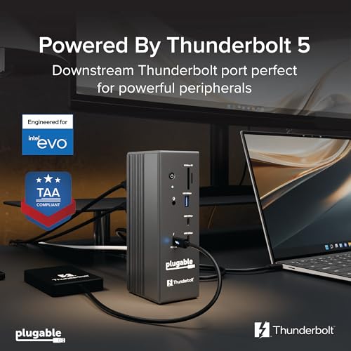 Plugable Thunderbolt 5 Dock: 16-in-1, Dual HDMI 2.1 Up to 8K 60Hz / 4K 144Hz, 140W Laptop Charging, 2.5GbE, Fanless, Driverless TAA Compliant Docking Station for MacBook Pro/Air & Windows (TBT-UDH2)