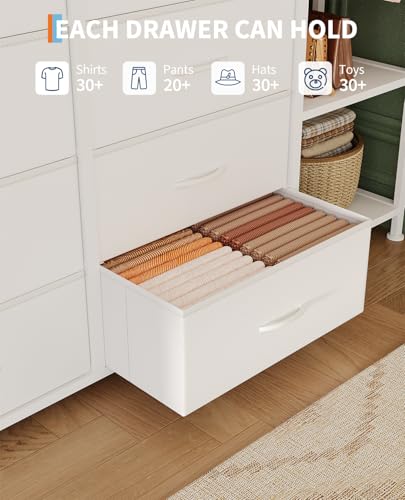 Garvee 16-Drawer Tall Dresser with Clothes Rack - Fabric Storage Chest for Bedroom, Closet Organizer with 2 Shelves & Adjustable Dividers | Vertical Space-Saving Design, White