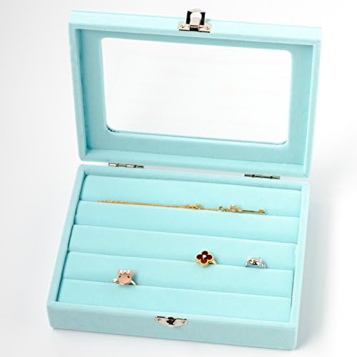 Buir Finer Things Velvet Jewelry Box, Clear Glass Top for Jewelry Display and Metal Buckle Closure – 3 Color Options (Celeste Blue)