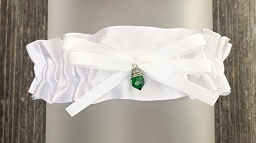 Emerald Heirloom Grooms Birthstone White Satin May Charm Embellished Wedding Bridal Keepsake Garter