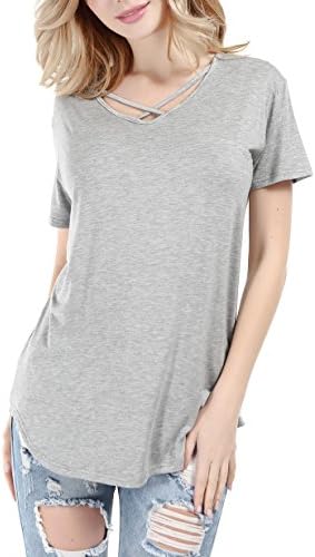 Women Solid Criss Cross Front V-Neck Casual Short Sleeve Plain Basic Girls Sexy T-Shirt Tops (Grey, M)
