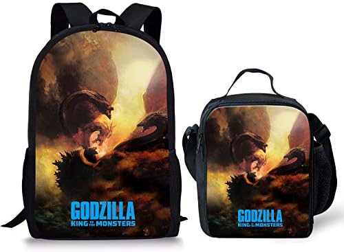 GePrint Godzilla Pattern Children Schoolbags with Lunch Bag Toddler School Backpack