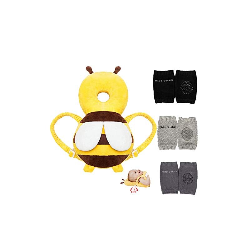 Feidoog Baby Head Protector Cushion Backpack with 3 Baby Knee Pads for Walking & Crawling,Bee