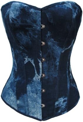 BJ1230 Corsets Women's Blue Marbled Denim Overbust Boned Fashion Corset Blue Medium