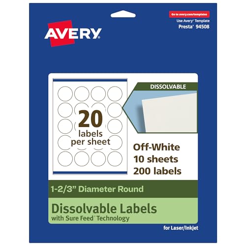 Avery Dissolvable Round Labels, Sure Feed Technology, 1-2/3" Diameter, Matte Wh…