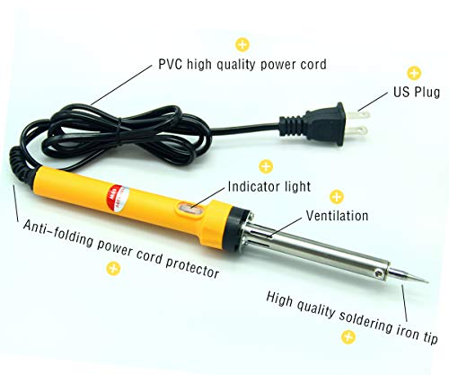 Soldering Iron, Soldering Iron Kit Electronics 60W 110V, Chrome Plated Steel Straight Tip Head Design with Power Indicator Light, Solder Wire 1.0mm Dia, Rosin, Cleaning Sponge, Holder