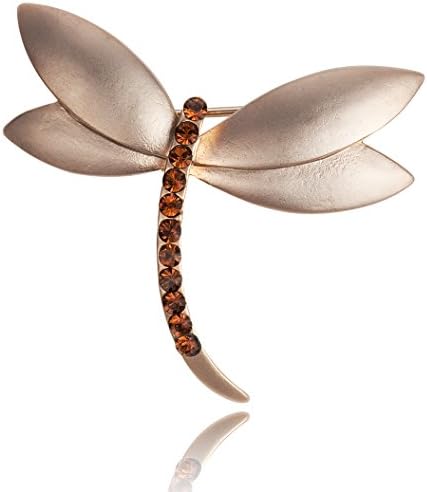 Curved Dragonfly Design with Topaz-Colored Rhinestone Bronze Matte Plated Brooch Pin
