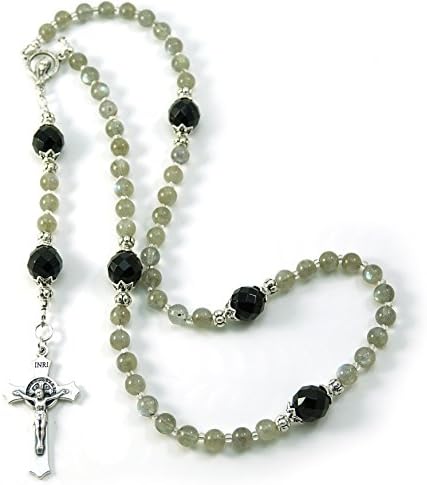 Silver Inches Saint Benedict Prayer Beads Labradorite Gemstone Catholic Rosary Blessed with Anointing Oil (Not a Necklace)