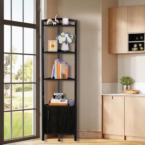 GARUISKY Estante Esquinero con Puertas y Luz LED, Librero de 5 Niveles con Estantes, Organizador de Estantes de 1.6m de Alto, Ideal para Esquinero para Sala, Dormitorio, Oficina (Negro)