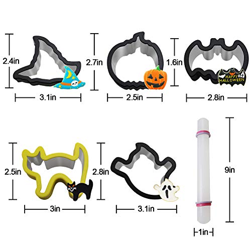 Tifeson 12 Pack Halloween Cookie Cutters Set, 11 PCS Stainless Steel Sandwich Cutter Molds with Comfort Grip, 1PC Rolling Pin for Halloween Party (Include Pumpkin, Witch Hat, Bat, Ghost Mold)