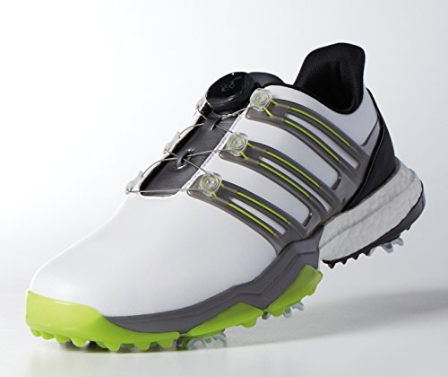 adidas Powerband Boa Boost Golf Shoes,White/Iron Metallic/Solar Slime,9 M US