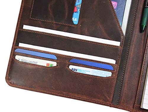 Leather Travel Portfolio | Professional Organizer Men & Women | Tablet Holder Leather Padfolio with Sleeves for documents and Ipad by Aaron Leather (Magnetic Closure, Brown)