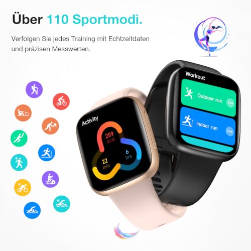 Smartwatch Women Men, 1.85 Inch AMOLED Touch Screen, Fitness Tracker with Bluetooth Calls & AI, Heart Rate, SpO2, Sleep & Women's Cycle Tracking, 100+ Sports Modes, 3ATM Waterproof for iOS & Android