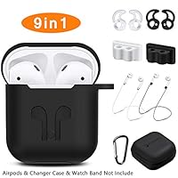 AirPods Case, Rockindeer 9 in 1 AirPods Accessories Set Protective Silicone Cover and Skin Compatible Apple AirPods Charging Case with Watch Band Holder/Ear Hook/Keychain/Strap/Carrying Box (Black)