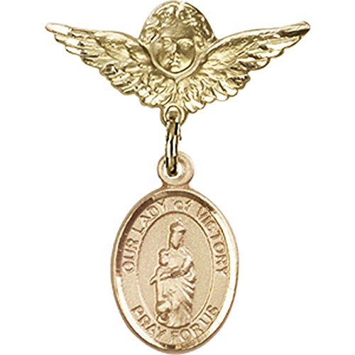Gold Filled Baby Badge with Our Lady of Victory Charm and Angel w/Wings Badge Pin 1 X 3/4 inches