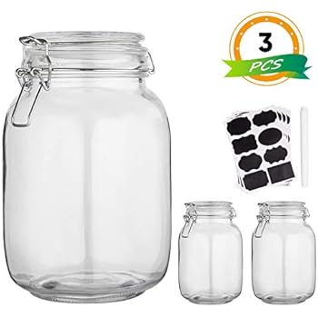 Glass Kitchen Storage Canister Mason Jars with Lids,50oz Airtight Glass Canister with Hinged Lid，Perfect for Kitchen Canning Cereal,Pasta,Sugar,Beans (Labels & Chalk Marker)-Set of 3