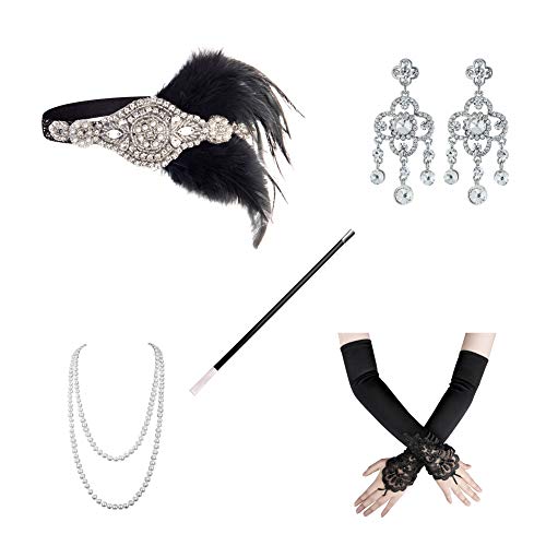Xuhan 1920s Flapper Costume Accessories Set for Women Headband Earrings Necklace Gloves Cigarette Holder (a02)
