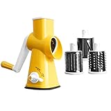 Rotary Cheese Grater Round Mandolin Drum Slicer Vegetable Shredder Cutter Nut Chopper with 3 Interchangeable Shape Stainless Steel Drums