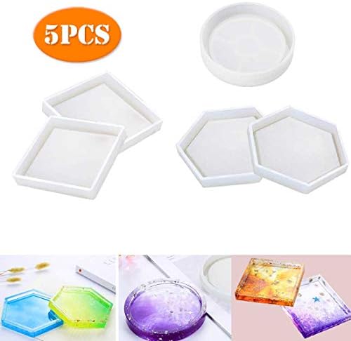 5 Pack DIY Coaster Silicone Model,Including Hexagon,Square,Round Model,Bottom Bracket Prevents Deformation, Model for Casting with Resin, Concrete, Cement (5 Pack)