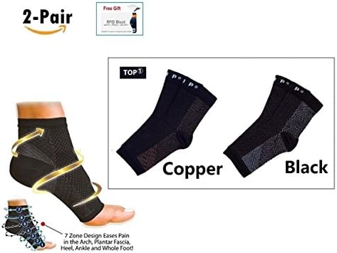 (2-Pair) Premium Ankle Support Compression Sleeves Unisex, Plantar Fasciitis Foot Socks, Fast Relief from Swelling &amp; Foot Pain + 1pc Small Gift (Small / Medium, Black + Copper)