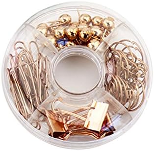 Heatleper 65Pcs Desk Paper Clips, Push Pins, Binder Clips in Clear Circular Acrylic Paper Clips Holder for Office School Home Daily Use (Rose Gold)