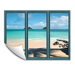 Wall Murals for Bedroom Fake Window Beach Blue Window Removable Wallpaper Peel and Stick Wall Stickers - 24x32 inches