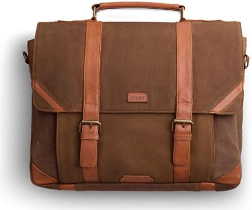 VOLOQ Marshal fits Upto 17" Laptop Briefcase Messenger Bag for Working Men Canvas & Vegan Leather (Tan Brown)
