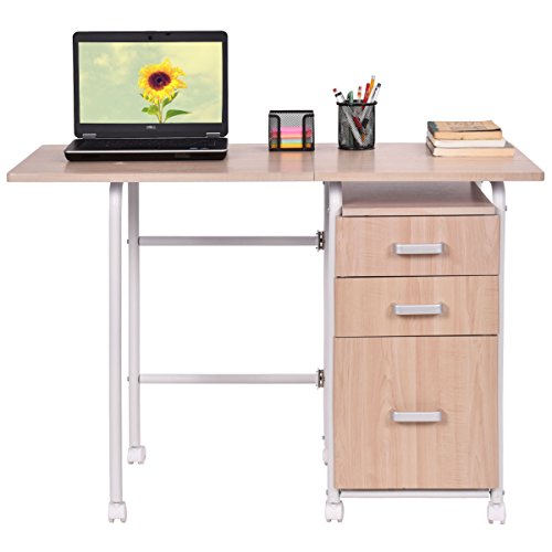 Folding Computer Laptop Desk Wheeled With 3 Drawers Home Office Furniture - Thumbnail 7