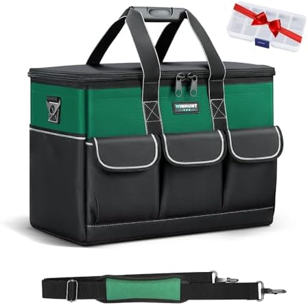 WINHUNT Tool Bag, 14-inch Wide Mouth Tool Storage Organiser, 600 Denier with 6 Interior 8 Exterior Pockets for Home DIY & Equipment Storage, Green and Black (14 inch)
