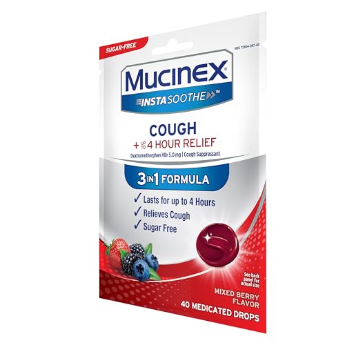 MUCINEX INSTASOOTHE SUGAR FREE COUGH DROPS, COUGH MEDICINE FOR ADULTS WITH DEXTROMETHORPHAN HBR, NON MENTHOL COUGH DROPS, COUGH SUPPRESSANT LOZENGES, MIXED BERRY MEDICATED COUGH DROPS, 40CT