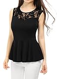 Allegra K Women Round Neck Hollow Out Sleeveless Leisure Peplum Tops L Black