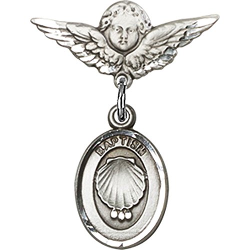 Sterling Silver Baby Badge with Baptism Charm and Angel w/Wings Badge Pin 7/8 X 3/4 inches