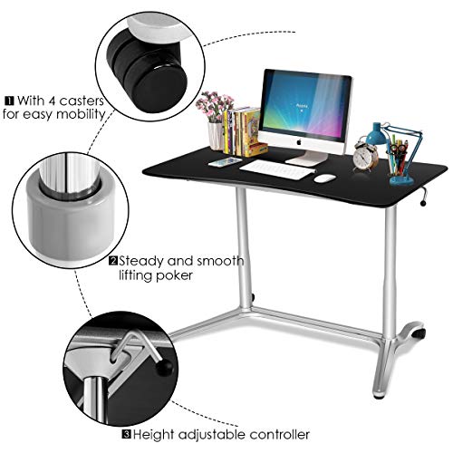 Tangkula Standing Desk Computer Desk, Height Adjustable Sit Stand Desk with Movable Wheels, Portable Writing Study Laptop Table of Iron Pipe Frame, MDF, PVC Tabletop, for Home Office Dorm, Black