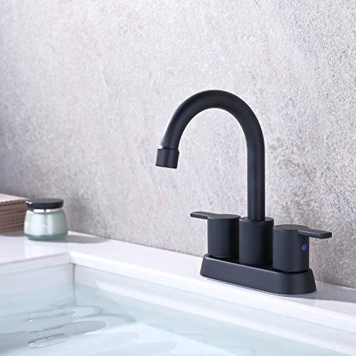 RKF Swivel Spout Two-handle Centerset bathroom faucet Lavatory faucet with pop-up drain with overflow and CUPC water supply lines,Matte Black,BF015-9-MB