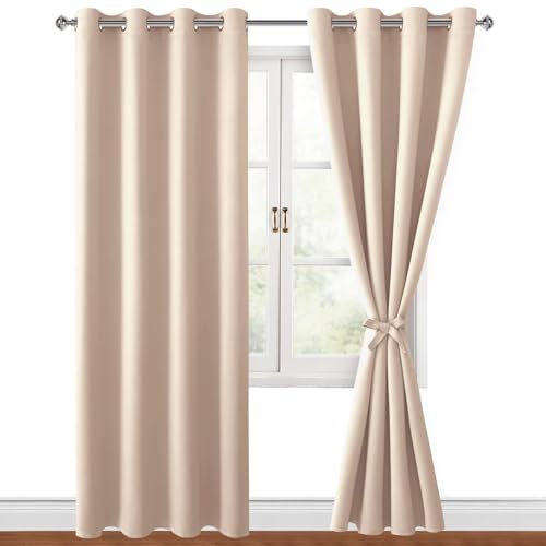 Hiasan Rideau Occultant avec Embrasses, Rideau Thermique Isolant Anti Froid et Chaleur, pour Chambre Salon Anti Bruit à œillets, 2 Pieces, 140 x 245 cm (Largeur x Hauteur), Beige