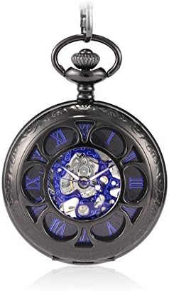 Sinopic Half Hunter Pocket Watch for Men with Vintage Blue Roman Numerals Skeleton Black Dial with Chain
