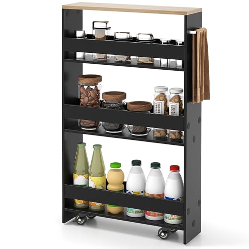 COSTWAY Slim Rolling Storage Cart, 4-Tier Rolling Utility Cart, Wood Kitchen St…