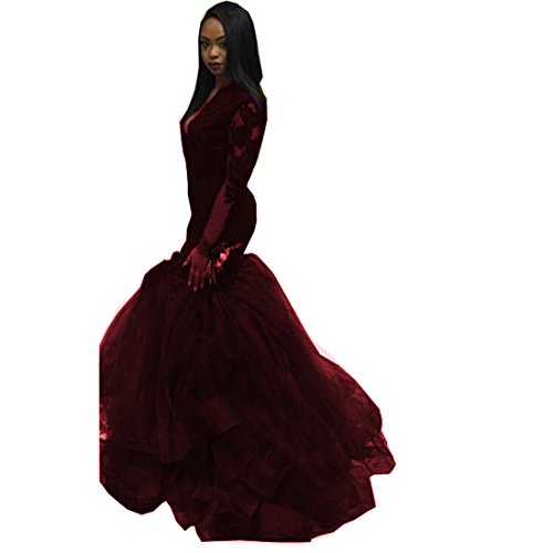 Chady 2018 Sexy Deep V-Neck Black Tulle Mermaid Prom Dresses Sheer Long Sleeves Ruffles Train Evening Party Gowns