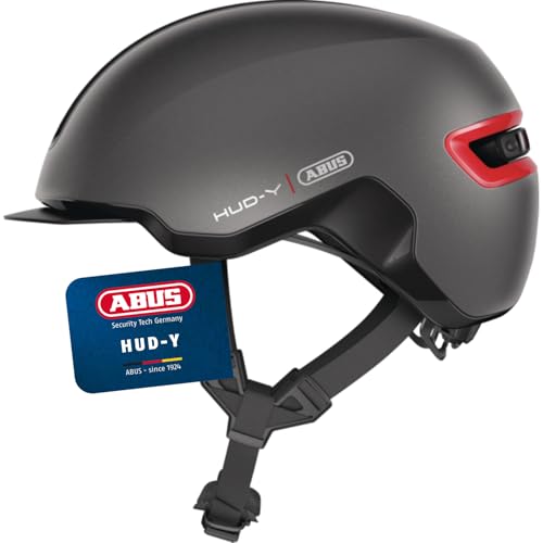 ABUS Urban Helm HUD-Y - mit magnetischem, aufladbarem LED-Rücklicht & Magnetverschluss - cooler Fahrradhelm für den Alltag - Damen und Herren - Titan/