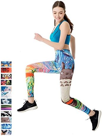 FINEMORE Women Digital Printed Yoga Leggings Colorful Stretchy High Waist Yoga Pants Thin Capris C Cartoon Cat M-L(US 10-14)