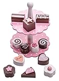 Wooden Dessert Tower Play Set, 14 pieces including cake stand, cakes, pastries, chocolates and tin gift box