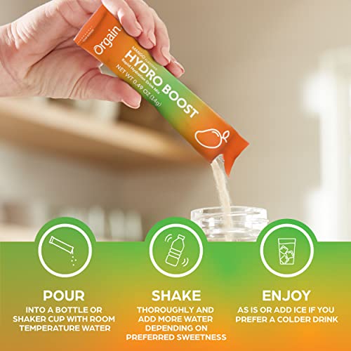 ORGAIN ORGANIC HYDRATION PACKETS, ELECTROLYTES POWDER – MANGO HYDRO BOOST WITH SUPERFOODS, VEGAN, GLUTEN-FREE, NO SOY INGREDIENTS, NON-GMO, LESS SUGAR THAN SPORTS DRINKS, 8 COUNT