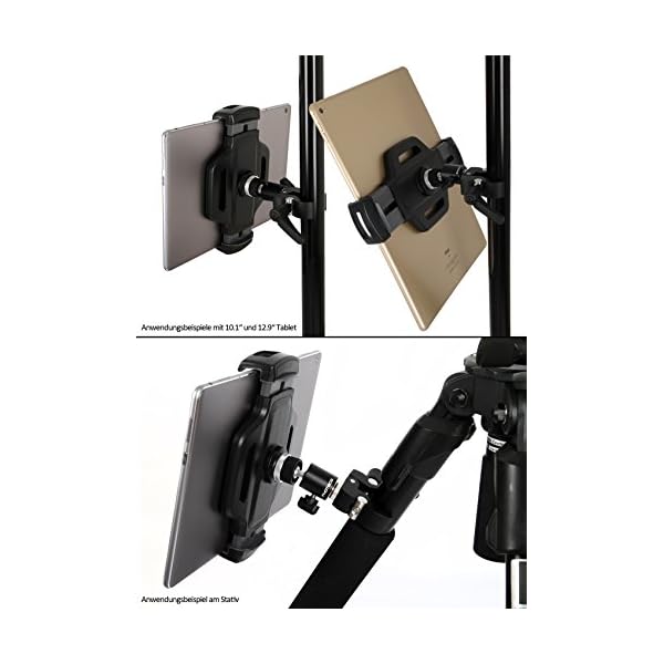 PHOTECS® Universal Tablet-Halterung Pro V3, Befestigung & Halter f. iPad Pro 12.9" oder andere Tablet PC von 6 bis 14 Zoll z.B. an Stativ-Rohren, Notenständer, PKW-Kopfstütze, Ergometer etc. – Bild 4